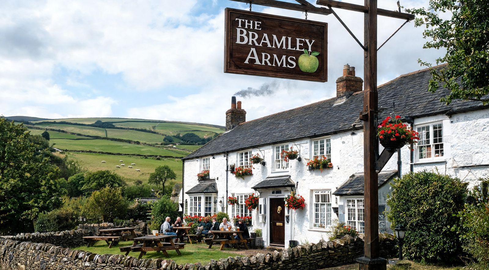 The Bramley Arms from the lane: whitewashed stone, hanging baskets either side of the door, picnic tables in the garden and the fells rising behind