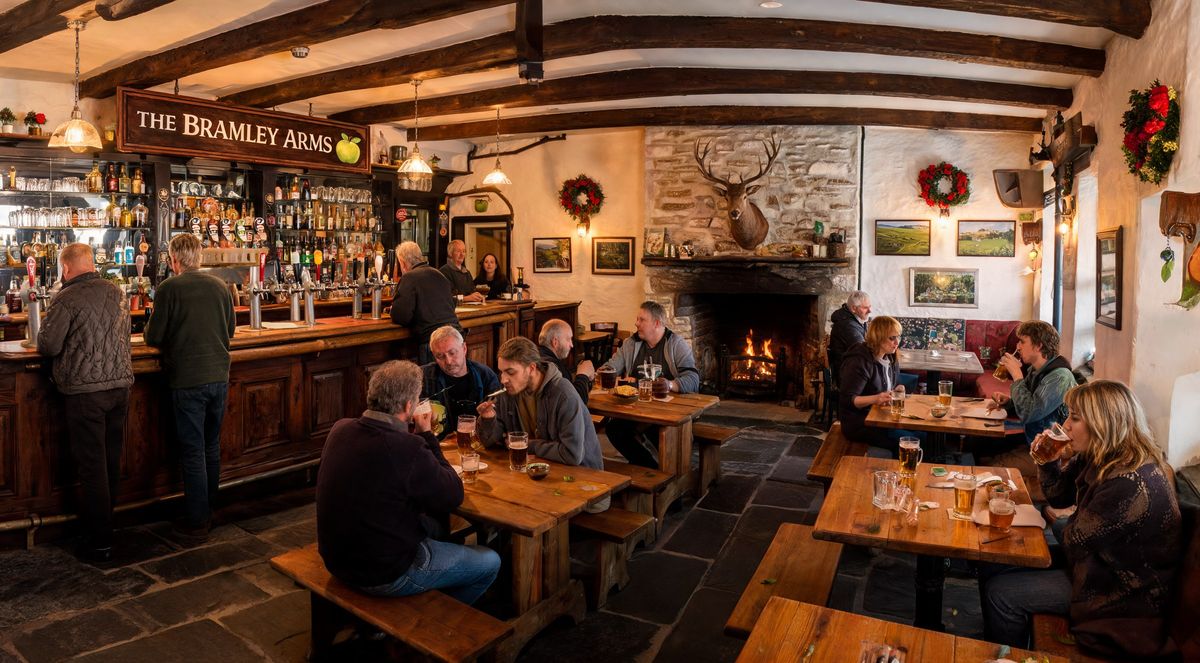 Inside The Bramley Arms: beamed ceiling, a fire going under the stag's head, and the bar three deep on a weekday afternoon