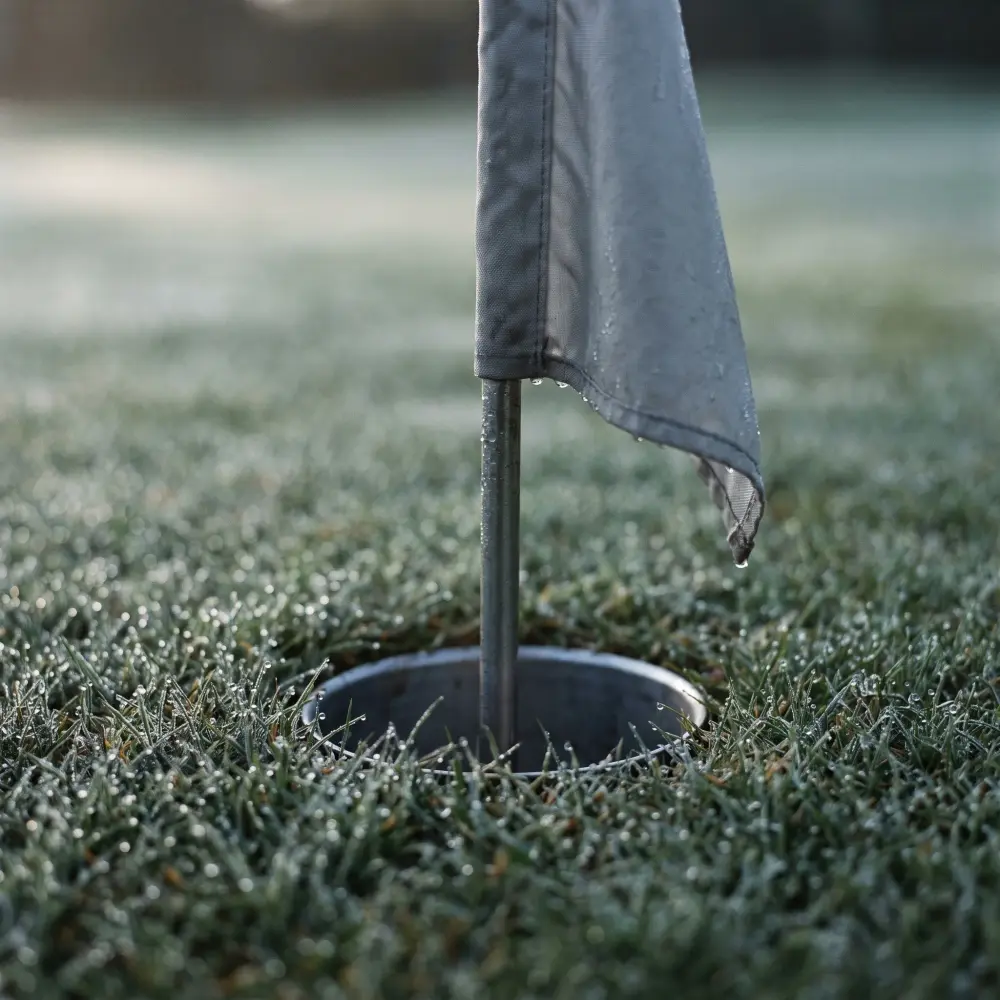 A rain-soaked flag over the hole, close enough to see the stitching