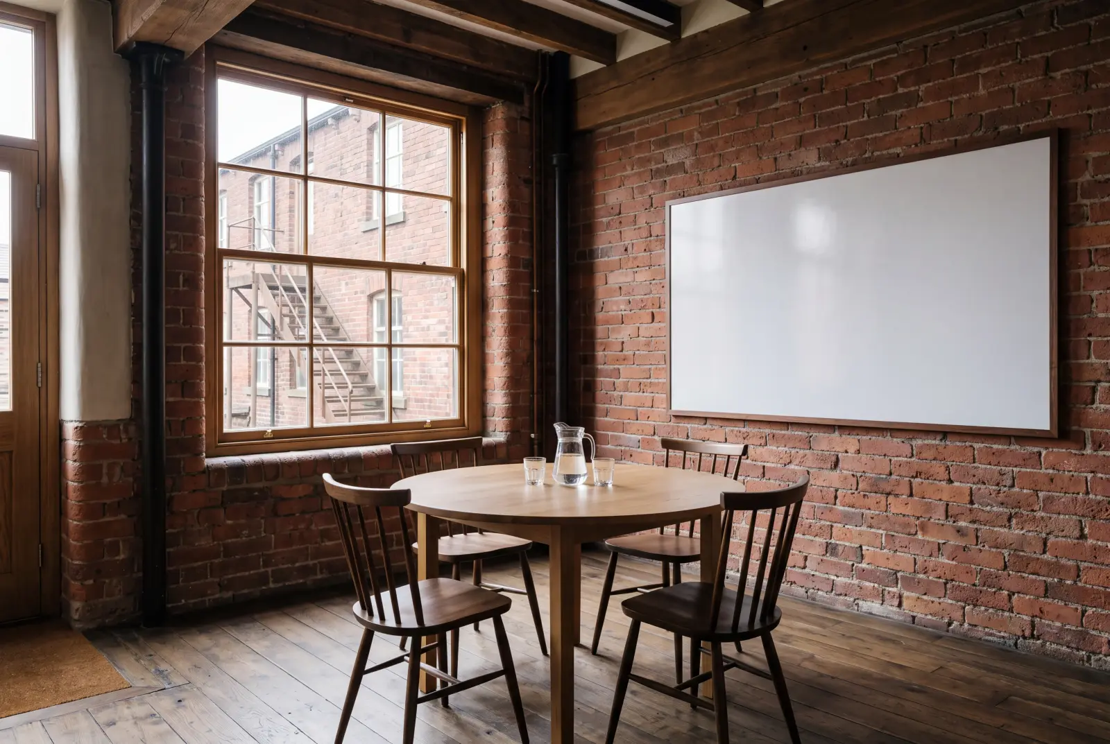 The meeting room where the twenty-minute call happens, table and chairs, hills visible through the window