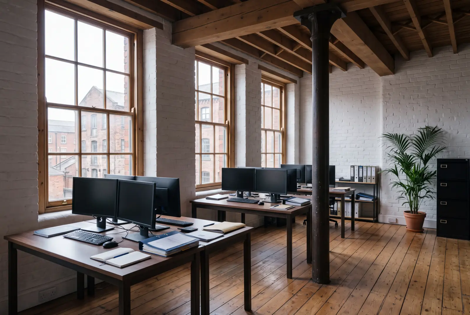 The practice office: four desks under exposed beams, monitors dark, binders on a shelf against the far wall