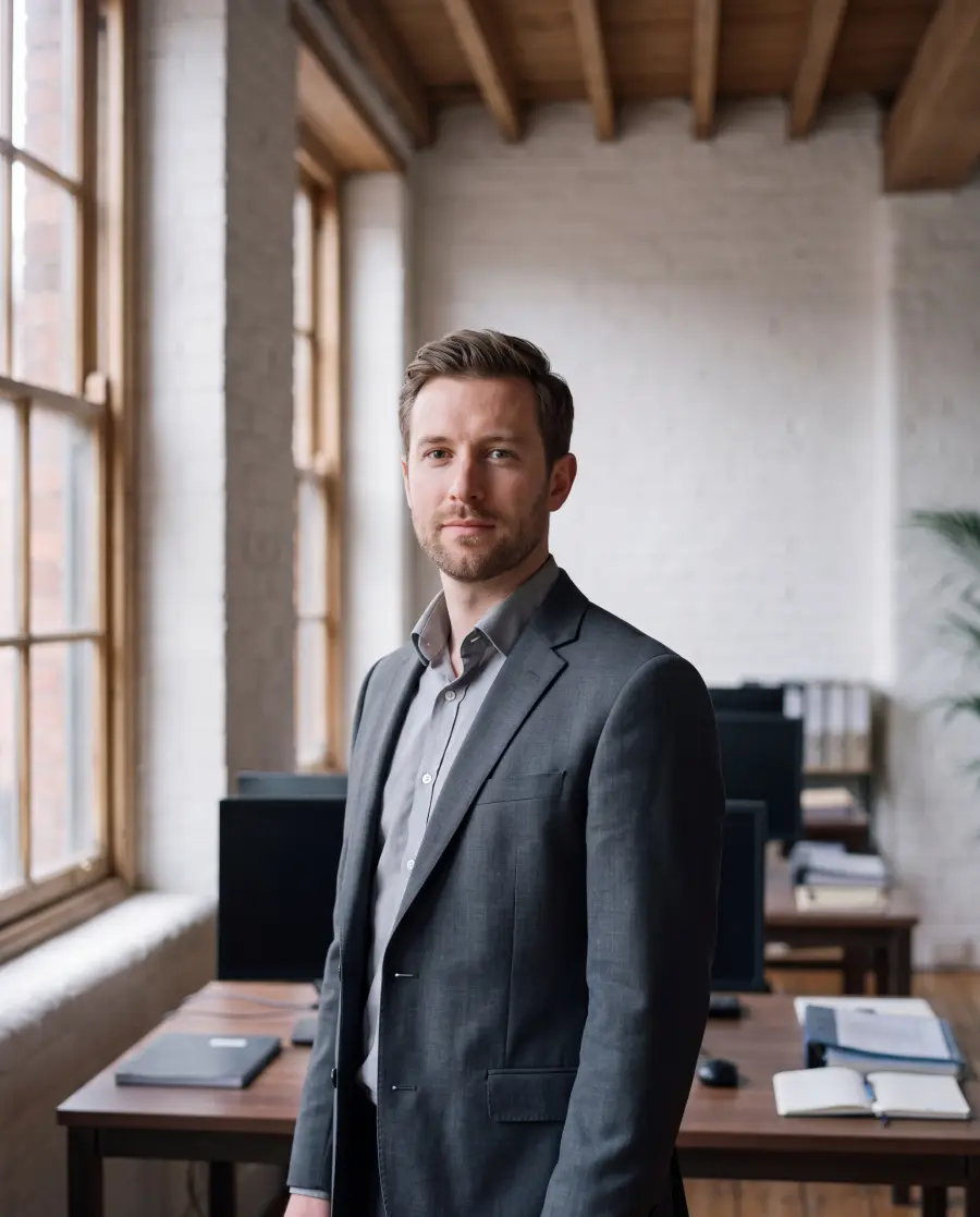 A man in a grey suit standing in the practice office, arms at his sides, looking at the camera
