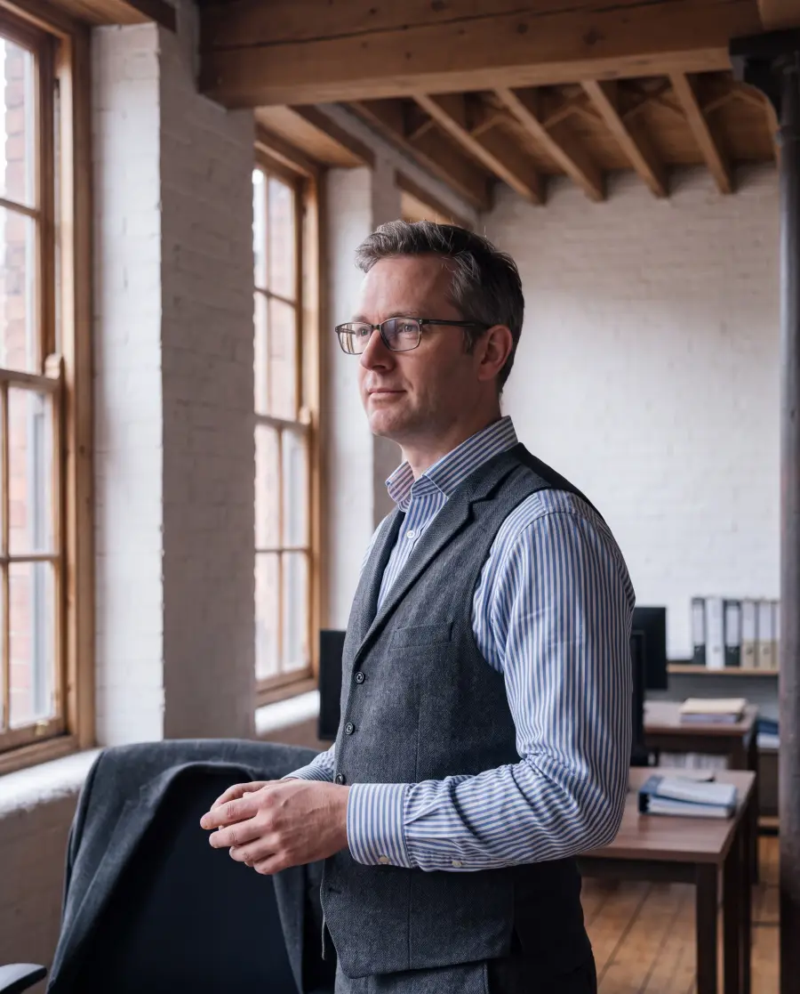 A man in a waistcoat looking out of the office window, glasses on, sleeves rolled