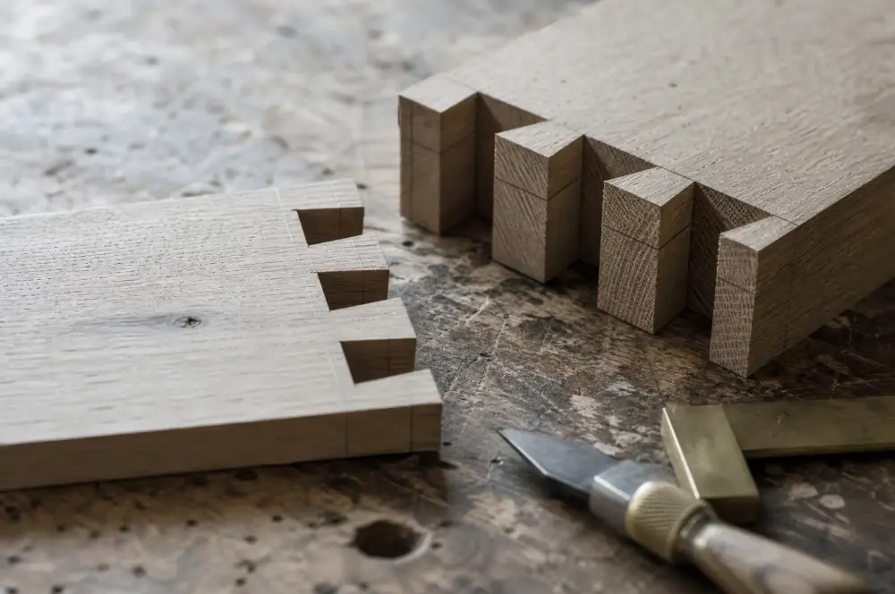Macro shot of a hand-cut dovetail joint, close enough to see the tolerance