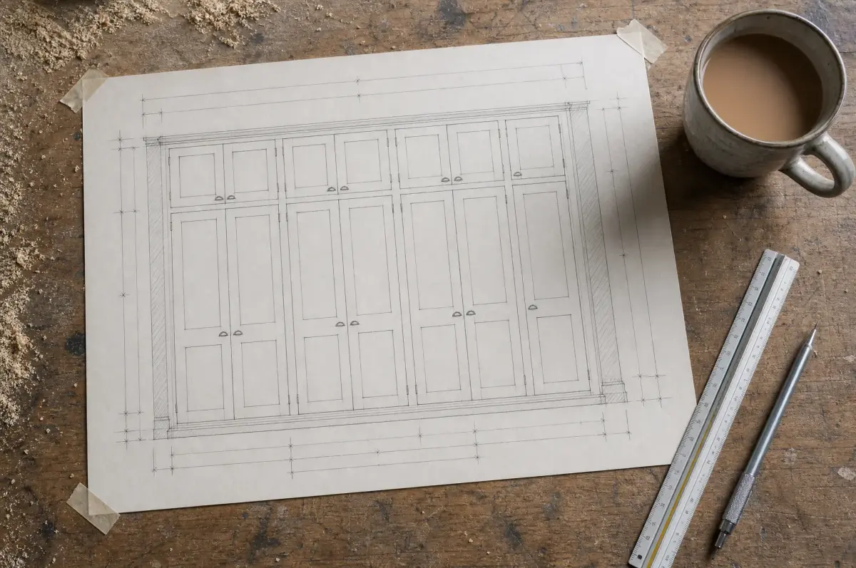 A dimensioned elevation drawing laid on the workshop bench next to a marking gauge