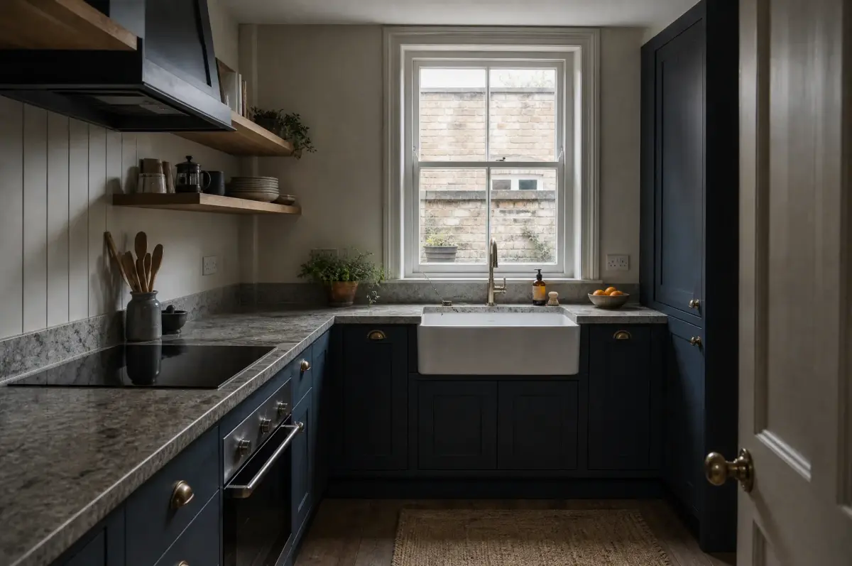 A fitted kitchen with painted shaker units and a stone worktop, built in the workshop and installed in a week
