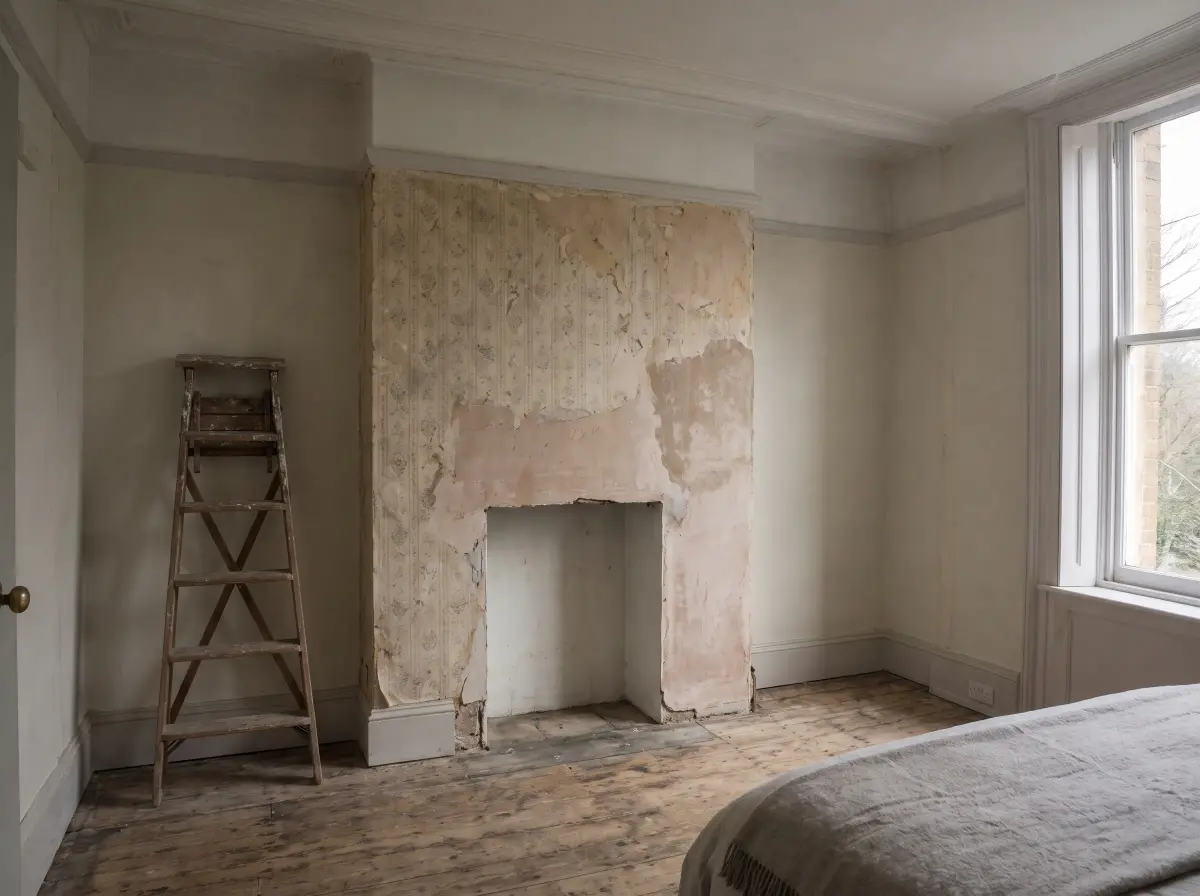 The same alcove before: bare plaster, an old curtain rail, boxes stacked on the floor