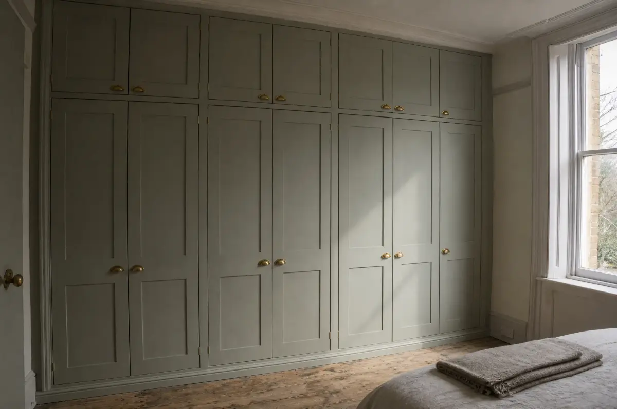 A finished fitted wardrobe running wall to wall, painted joinery scribed tight to the ceiling and skirting
