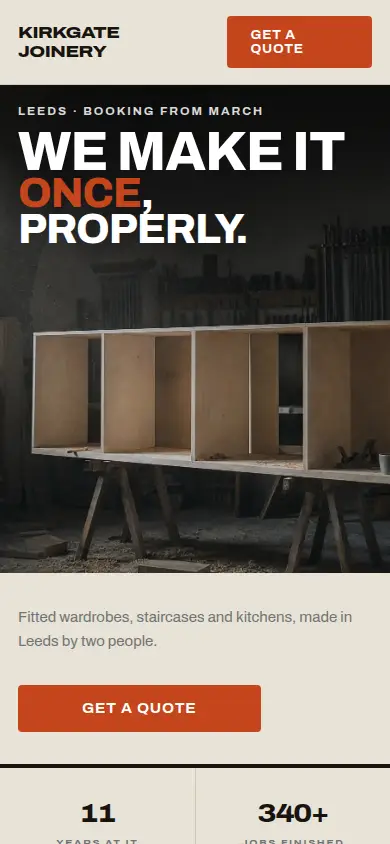 The same Kirkgate Joinery concept build, on a phone.