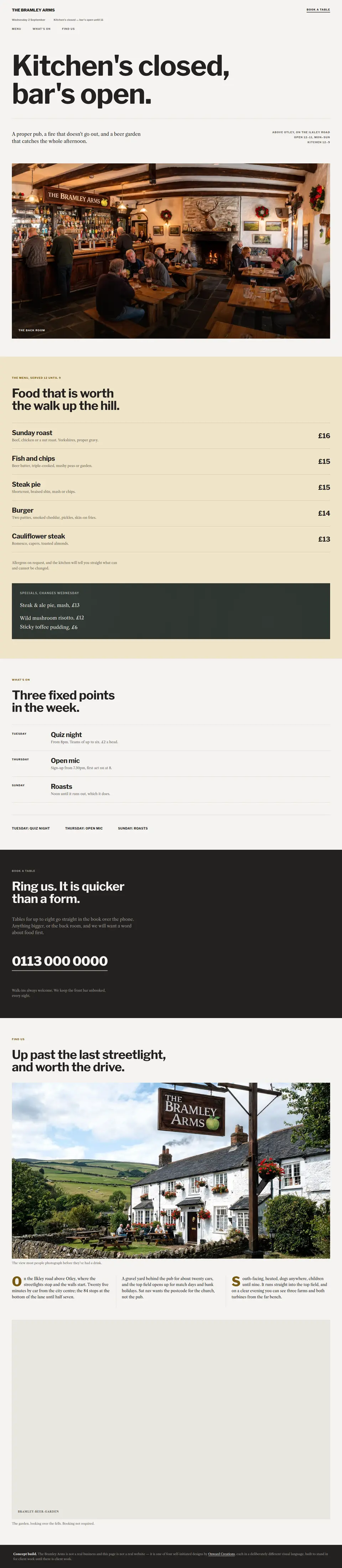 Full-page screenshot of the Independent pub concept at desktop width.