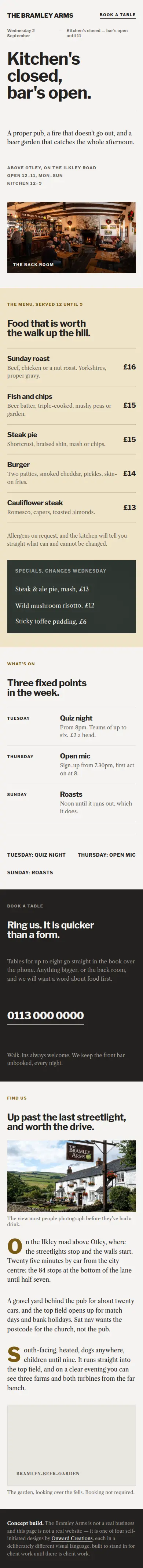Full-page screenshot of the Independent pub concept at mobile width.