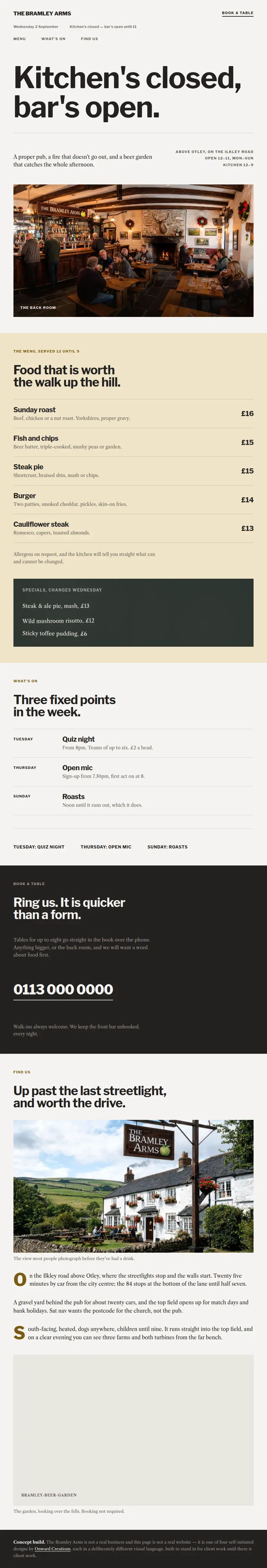 Full-page screenshot of the Independent pub concept at tablet width.